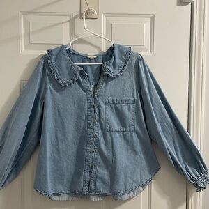 Denim Button-Up Shirt with Ruffled Collar